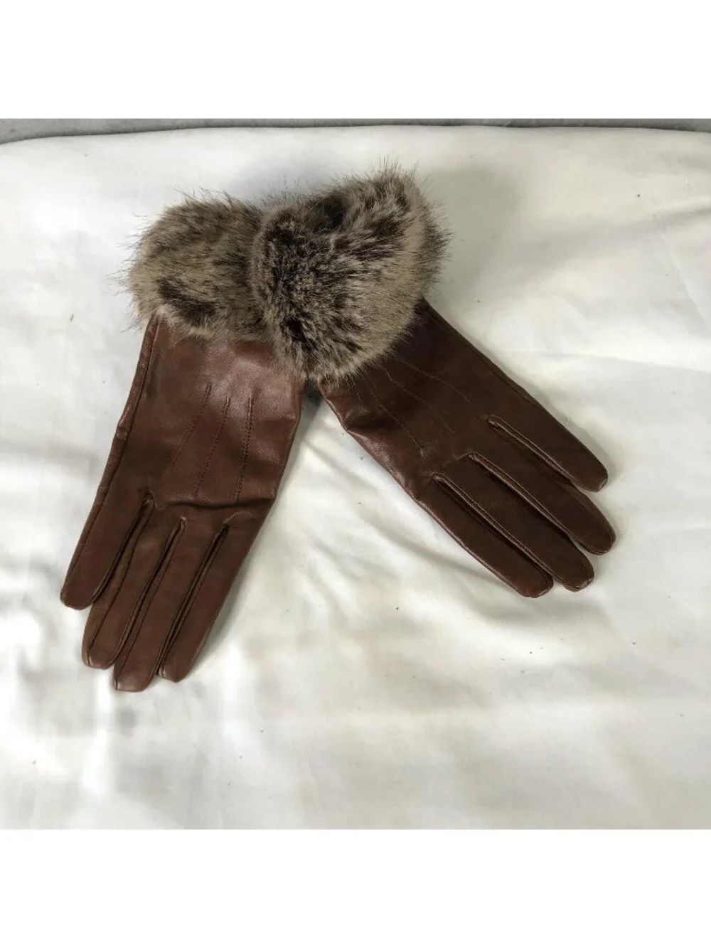 Barbour Gloves Womens M Brown Leather Faux Fur Cuff Lined Winter Warm Insulated